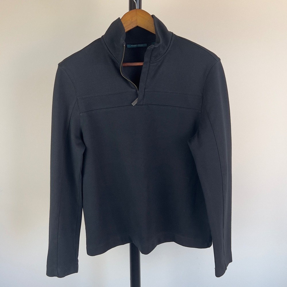Perry Ellis Mens Small Black Quarter Zip Pullover Mixed Media Mock Neck Sweater